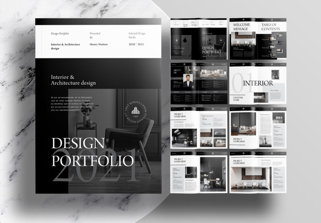 Free Modern Black Interior Portfolio InDesign Layout Template