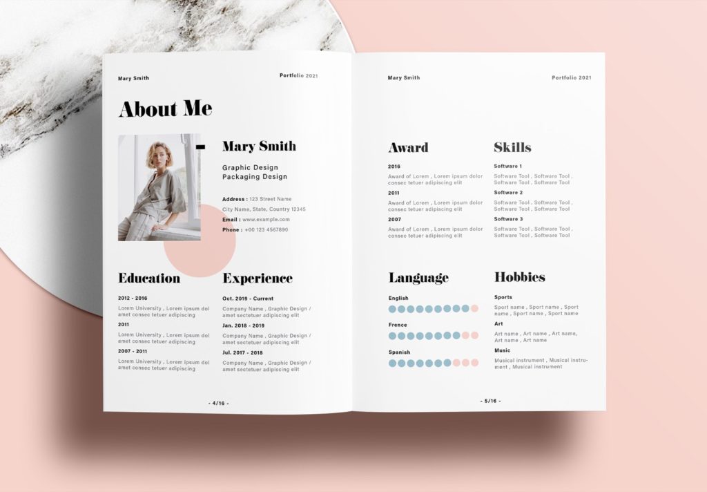 Free InDesign Portfolio Layout Template with Pink and Blue Accents