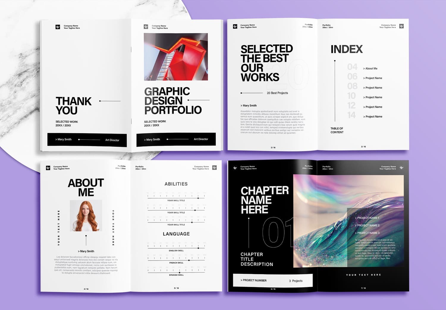 Free InDesign Modern Graphic Design Portfolio Layout Template with Black and Light Gray Accents
