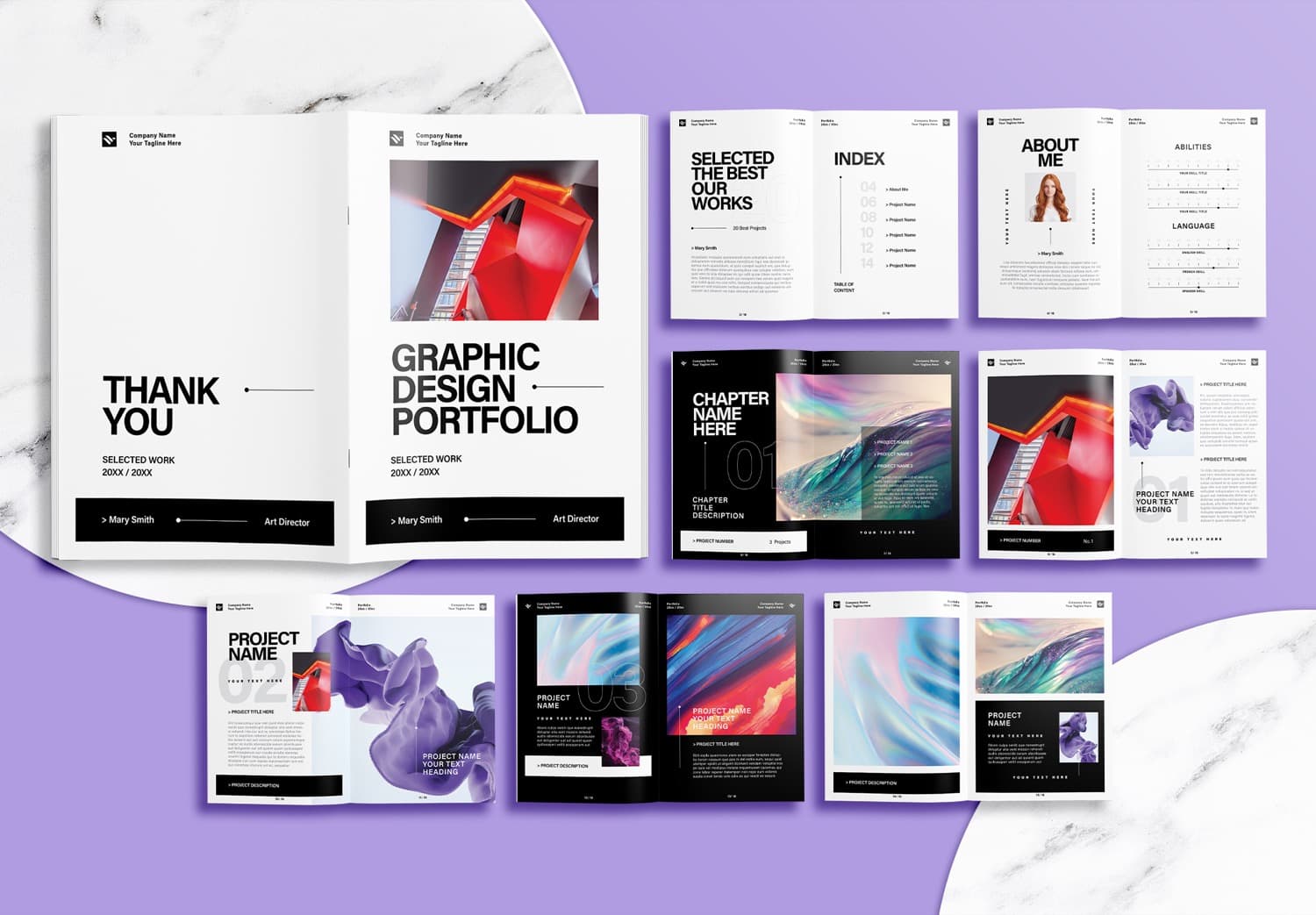 Free InDesign Modern Graphic Design Portfolio Layout Template with Black and Light Gray Accents